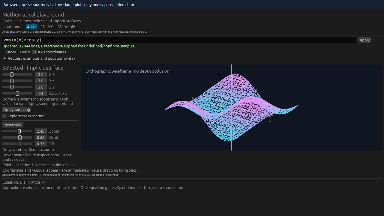 Math Viz plotting a three-dimensional sine and cosine surface with parameter controls