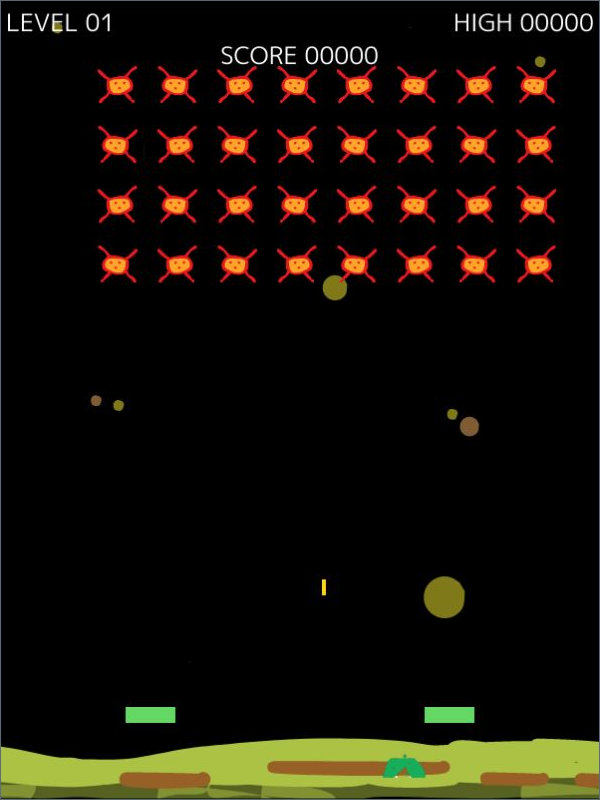 Space Invaders gameplay with alien formations, defensive barriers and the player's ship
